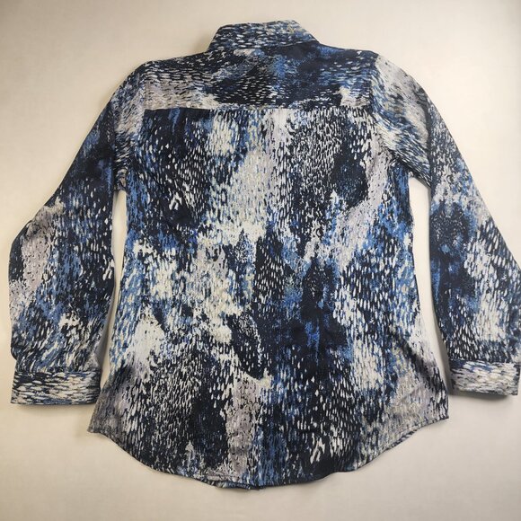 DressBarn Floral Button Up Womens Large L Blue White Pockets Stretch Wave Blouse - Picture 5 of 10